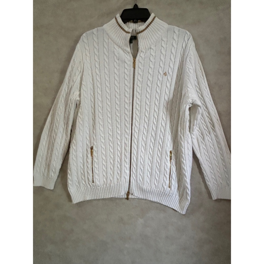 Lauren Ralph Lauren Womens 2X White Cable‎ Knit Full Zip Cotton Cardigan Sweater